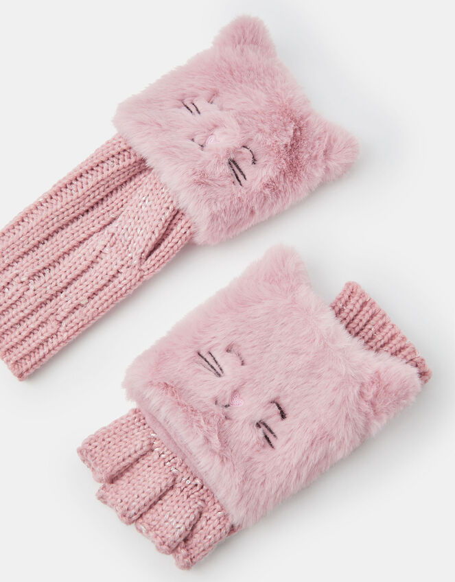 Girls Cat Fingerless Mitten Gloves, Pink (PINK), large