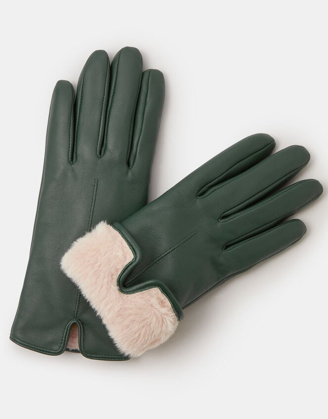 Faux Fur Lined Leather Gloves, Green (GREEN), large