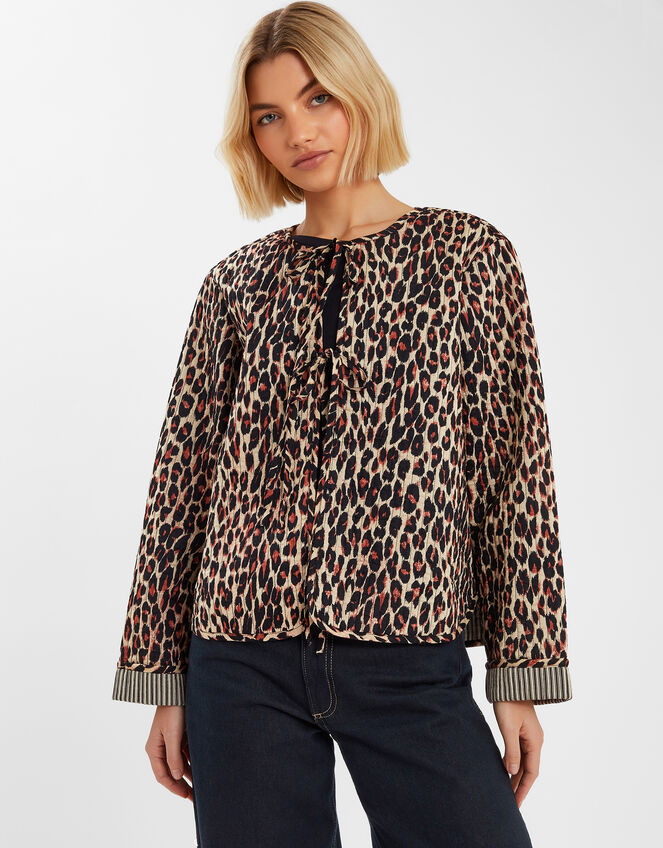 Leopard Print Tie-Front Quilted Jacket, Leopard (LEOPARD), large