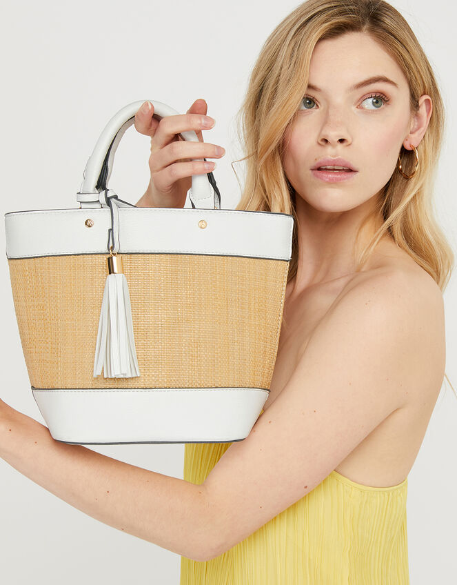 Raffia Stripe Shopper Bag, White (WHITE), large