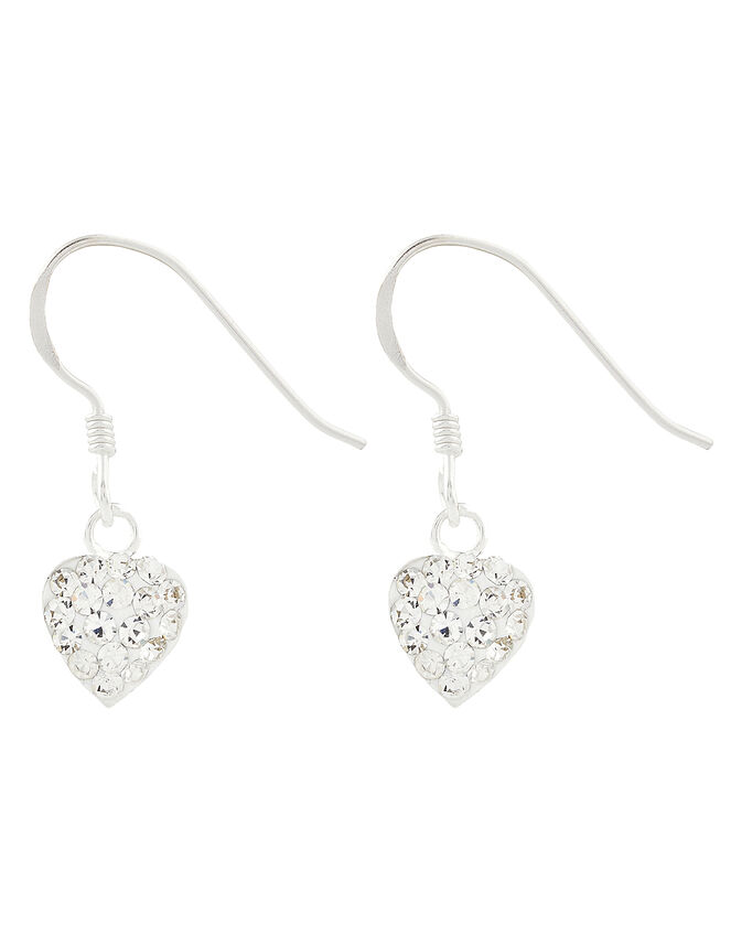 Sterling Silver Crystal Heart Drop Earrings, , large