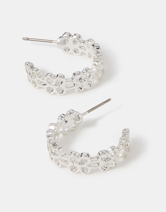 Flower Cut Out Hoop Earrings, Silver (SILVER), large