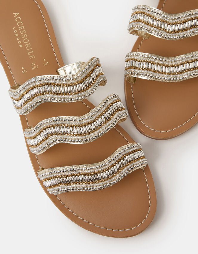 Beaded Triple Strap Sandals, Gold (GOLD), large