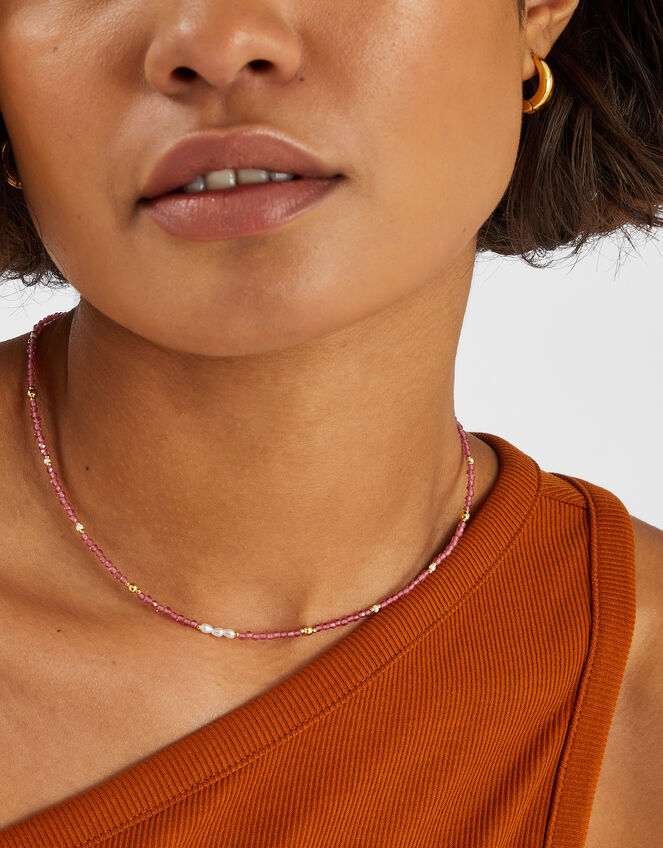 14ct Gold-Plated Beaded Pearl Necklace, Pink (PINK), large