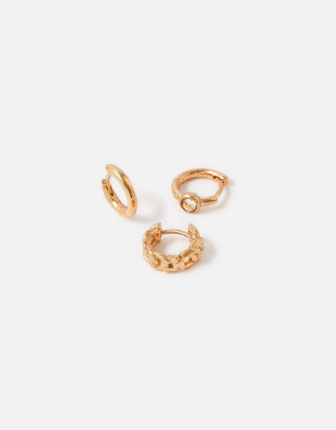 Plain Chain Crystal Hoops Set of Three, Gold (GOLD), large