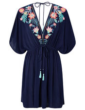 Palm and Floral Embroidered Kaftan, Blue (NAVY), large