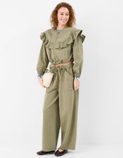 Ruffle Denim Jacket, Green (KHAKI), large