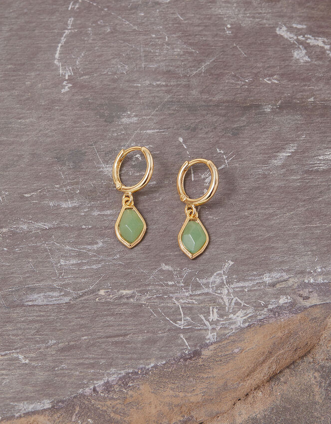 14ct Gold-Plated Irregular Aventurine Hoop Earrings, Green (LIGHT GREEN), large