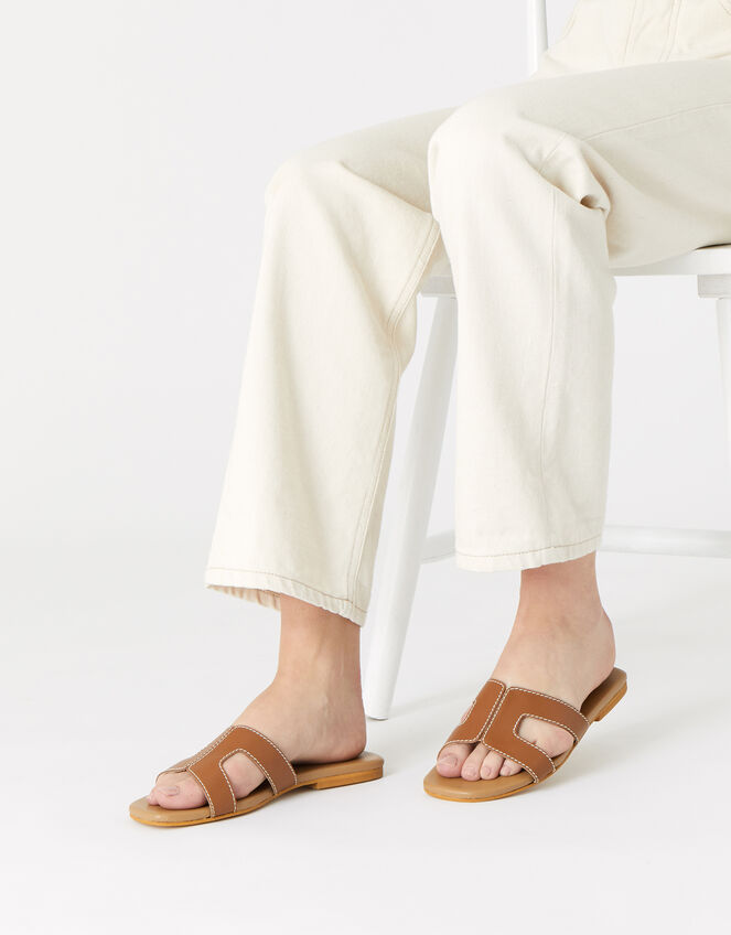 Contrast Stitch Leather Sandals , Tan (TAN), large
