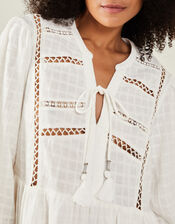 Lace Insert Long Sleeve Mini Dress, White (WHITE), large