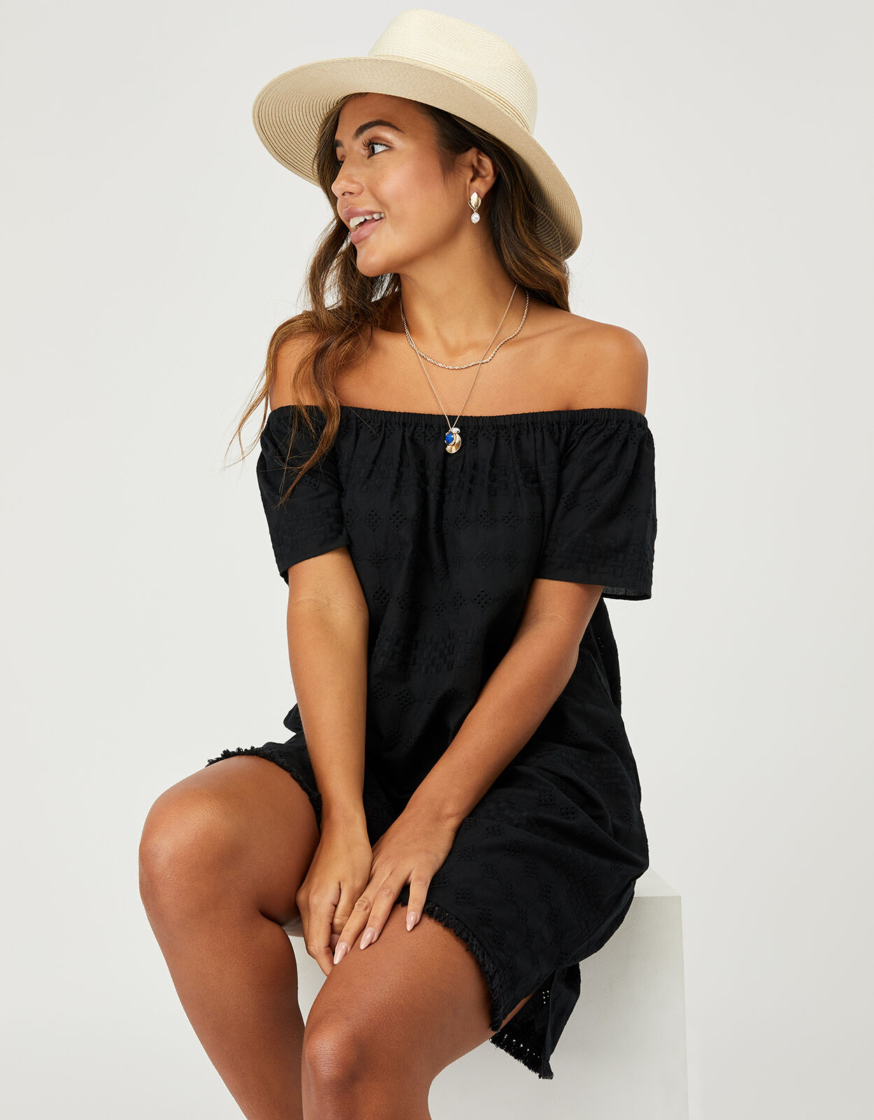 Off Shoulder Schiffli Dress in Pure Cotton Black Beach holiday