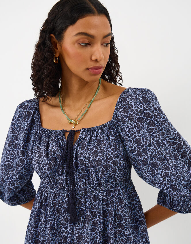 Floral Print Puff Sleeve Mini Dress, Blue (BLUE), large