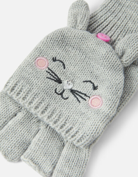 Girls Fluffy Bunny Capped Gloves Grey, Grey (GREY), large