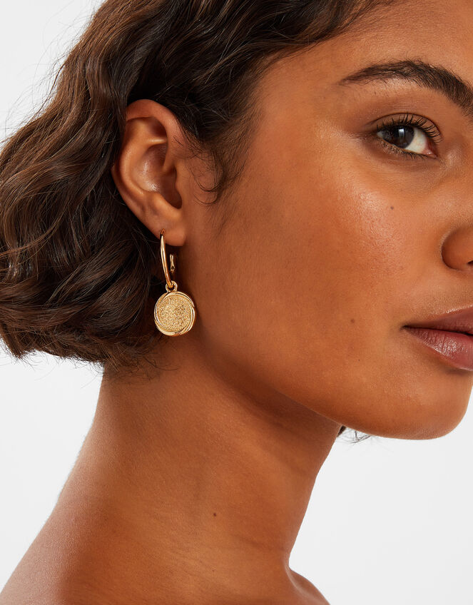 Coin Hoop Drop Earrings Gold, , large