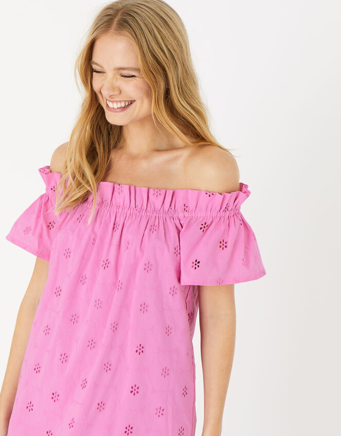 Schiffli Bardot Dress in Organic Cotton, Pink (PINK), large
