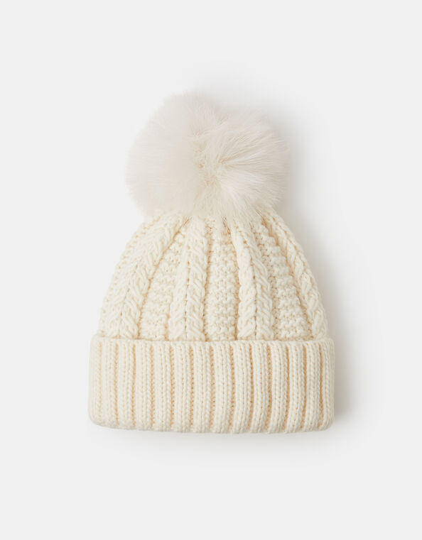 Pom-Pom Beanie Hat, Cream (CREAM), large