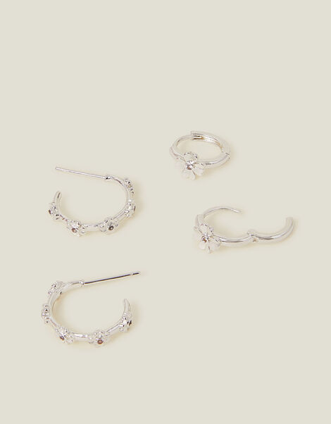 2-Pack Sterling Silver-Plated Flower Hoop Earrings, , large