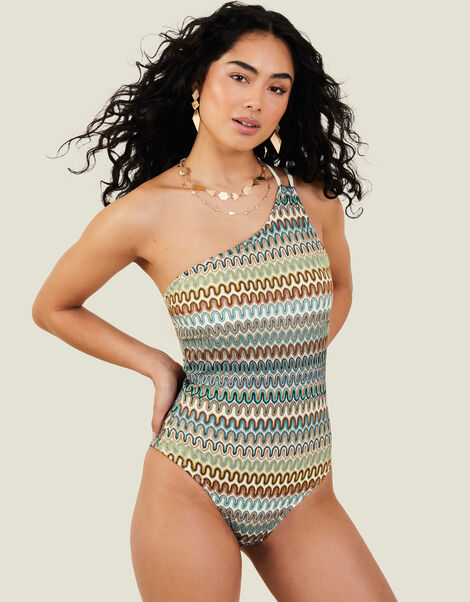One-Shoulder Crochet Swimsuit, Natural (NATURAL), large