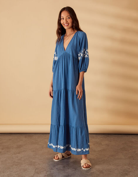 Maxi Floral Embroidered Dress, Blue (BLUE), large