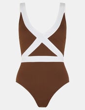 Contrast Textured Shaping Swimsuit, Brown (BROWN), large