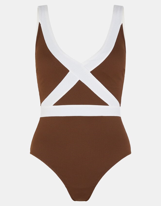 Contrast Textured Shaping Swimsuit, Brown (BROWN), large