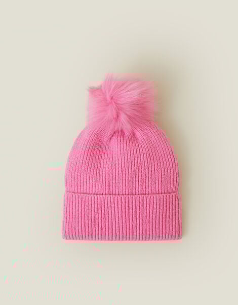 Faux Fur Pom Rib Beanie Hat, Pink (PINK), large