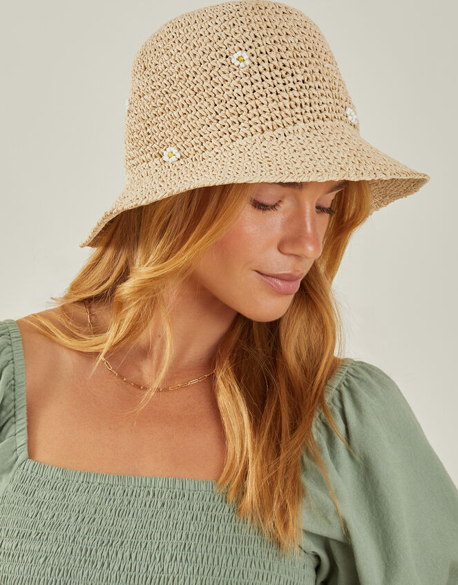 Daisy Embellished Woven Bucket Hat, , large