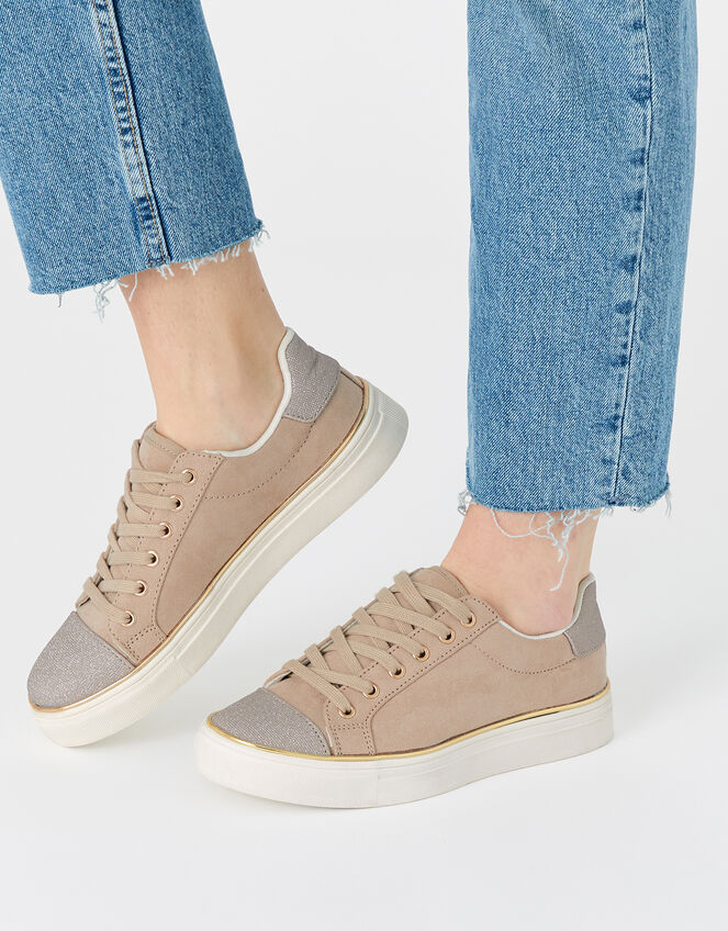Gold Trim Suedette Trainers, Mink (MINK), large