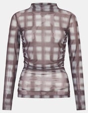 Check Print Mesh Long Sleeve Top, Multi (MULTI), large