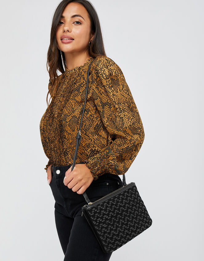 Kristina Woven Leather Cross-Body Bag, Black (BLACK), large