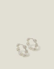 Sterling Silver-Plated Flower Sparkle Hoop Earrings, , large