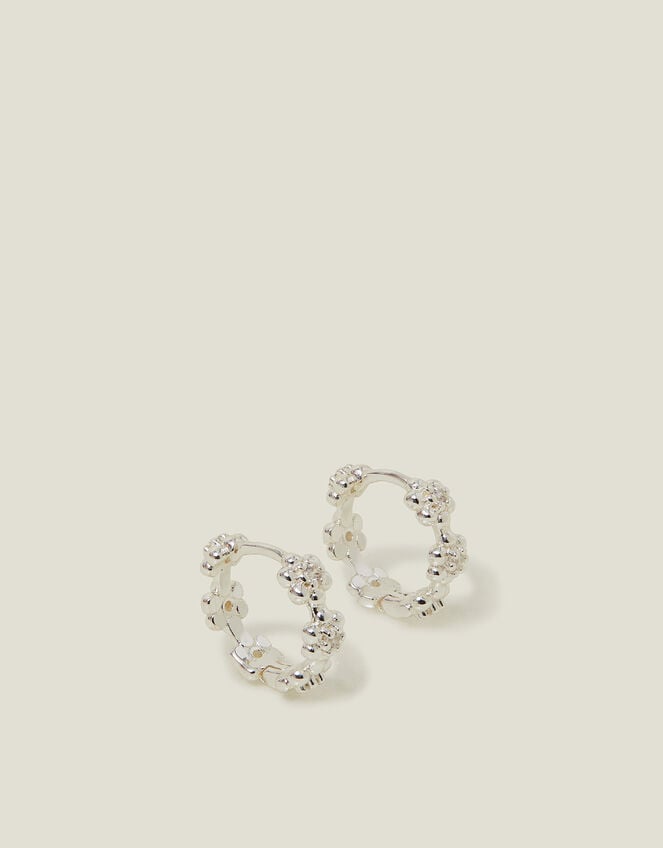 Sterling Silver-Plated Flower Sparkle Hoop Earrings, , large