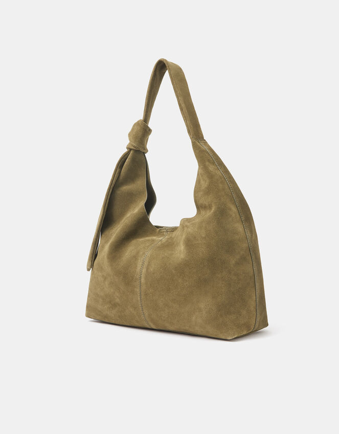 Slouchy Knot Leather Shoulder Bag, Green (KHAKI), large