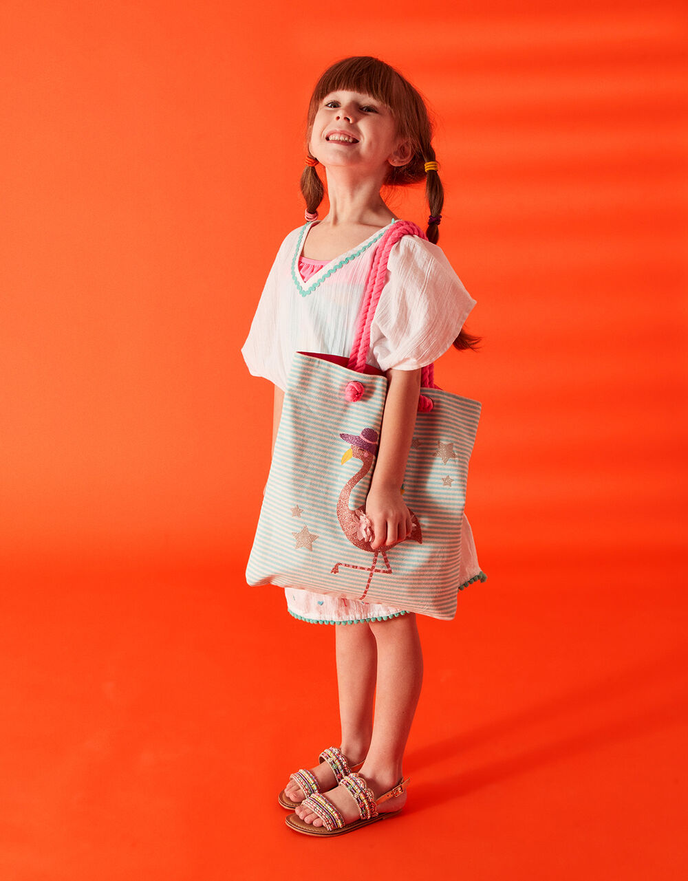 Girls Flamingo Embellished Kaftan and Bag Beach Set, , large