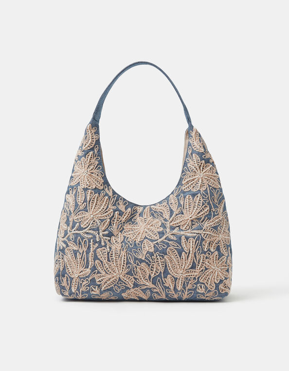Embroidered Denim Shoulder Bag, , large