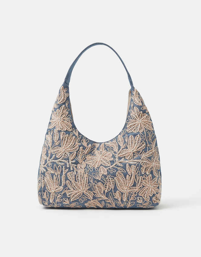 Embroidered Denim Shoulder Bag, , large