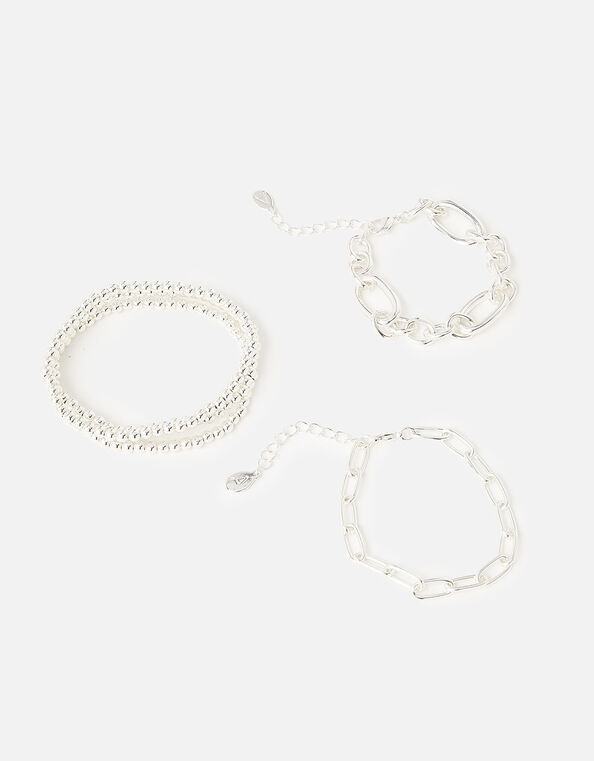 Chain and Stretch Beaded Bracelets 5 Pack, Silver (SILVER), large