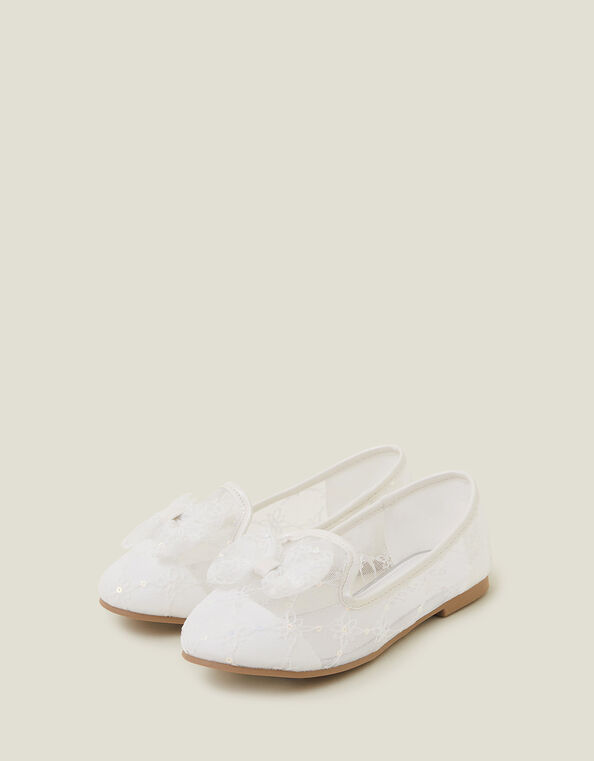 Girls Lace Bow Ballerina Flats, Ivory (IVORY), large