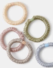 5-Pack Ruched Satin Hair Bands, Multi (PASTEL MULTI), large