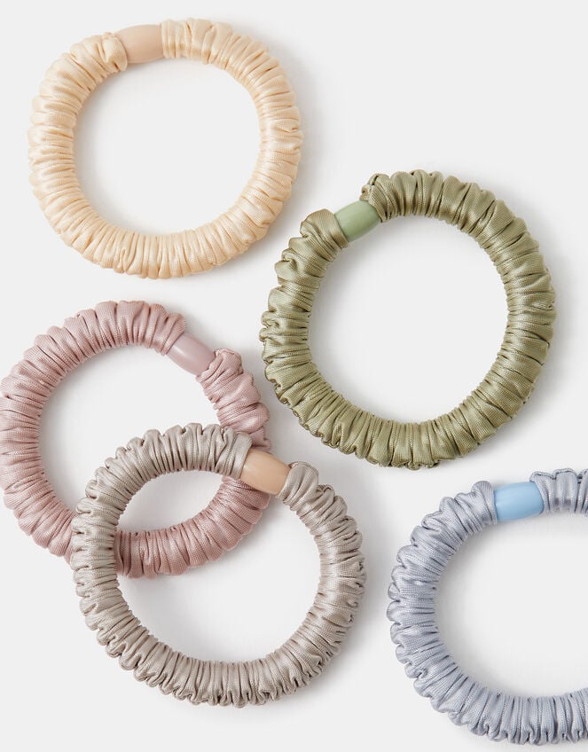 5-Pack Ruched Satin Hair Bands, Multi (PASTEL MULTI), large