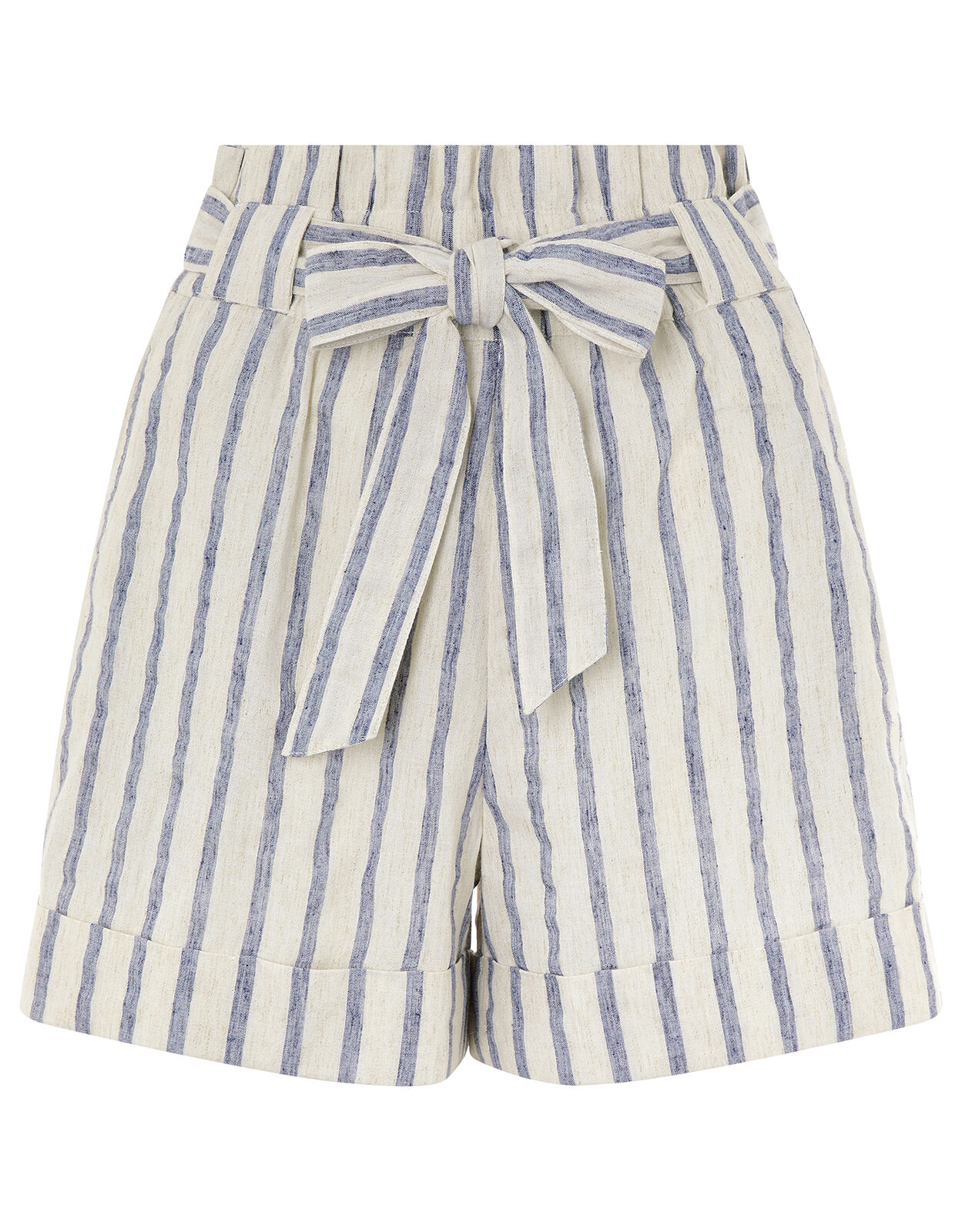 Paper Bag Striped Shorts in Linen Mix Fabric Blue
