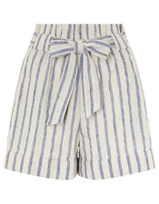 Paper-Bag Striped Shorts in Linen-Mix Fabric, Blue (BLUE), large
