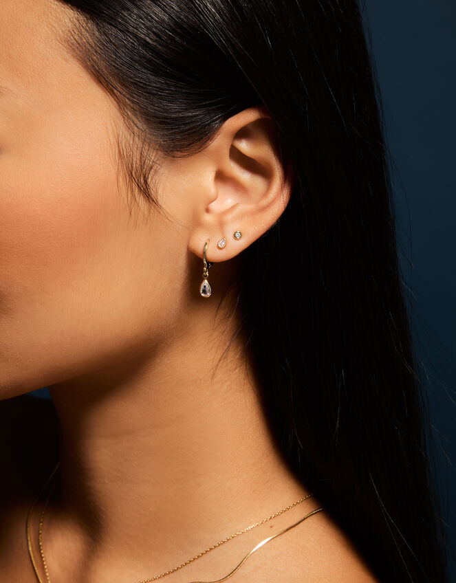 3-Pack 14ct Gold-Plated Pear Stud & Hoop Earrings, , large