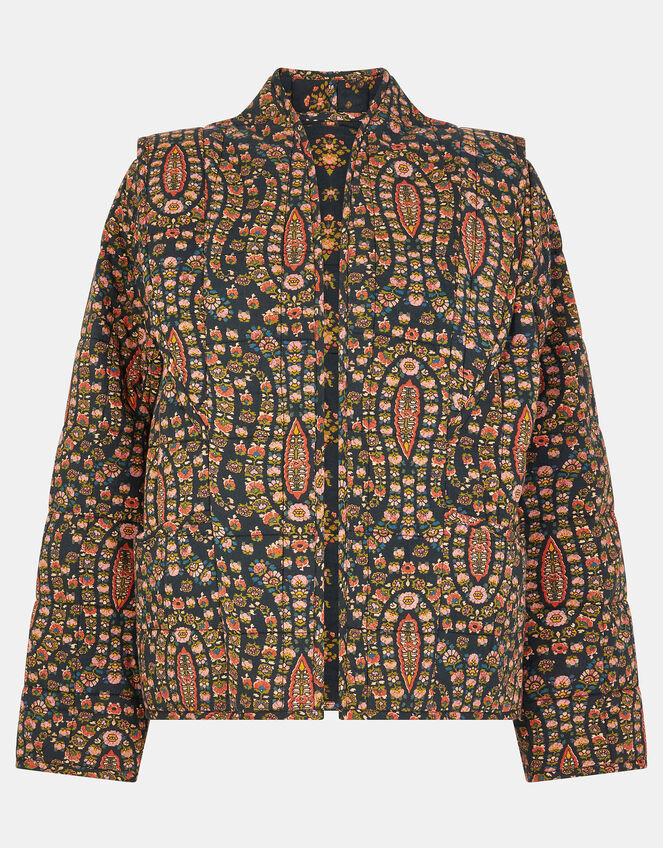 Floral Paisley Print Quilted Jacket, Black (BLACK), large