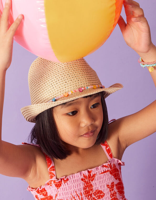 Kids Heart Beaded Band Trilby Hat, Natural (NATURAL), large