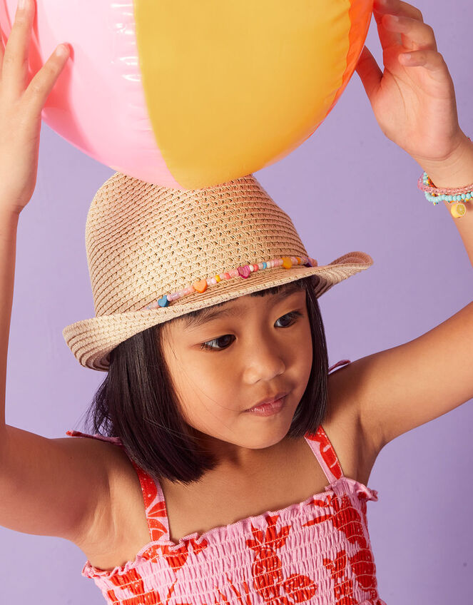 Girls Heart Beaded Band Trilby Hat, Natural (NATURAL), large