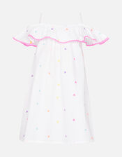 Kids Heart Embroidered Bardot Dress , White (WHITE), large