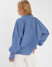 Stripe Frill Blouson Blouse, Blue (BLUE), large