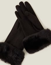 Suedette Faux Fur Cuff Gloves, Black (BLACK), large