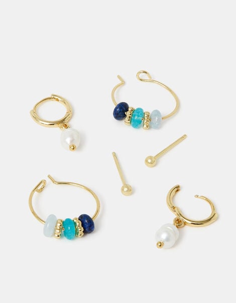 3-Pack 14ct Gold-Plated Stud & Pearl Hoop Earrings, , large